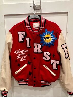 First Row 'Sunshine' Patch Bomber Jacket - Red & Cream